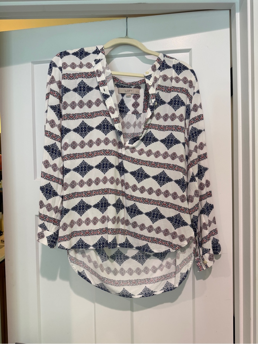 LOFT White Navy and Pink Geometric Print Tunic Blouse-Size MP